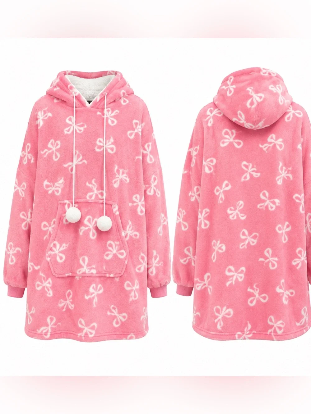 Women’s Pink Bow Print Oversized Sherpa Lined Hooded Blanket Hoodie O/S